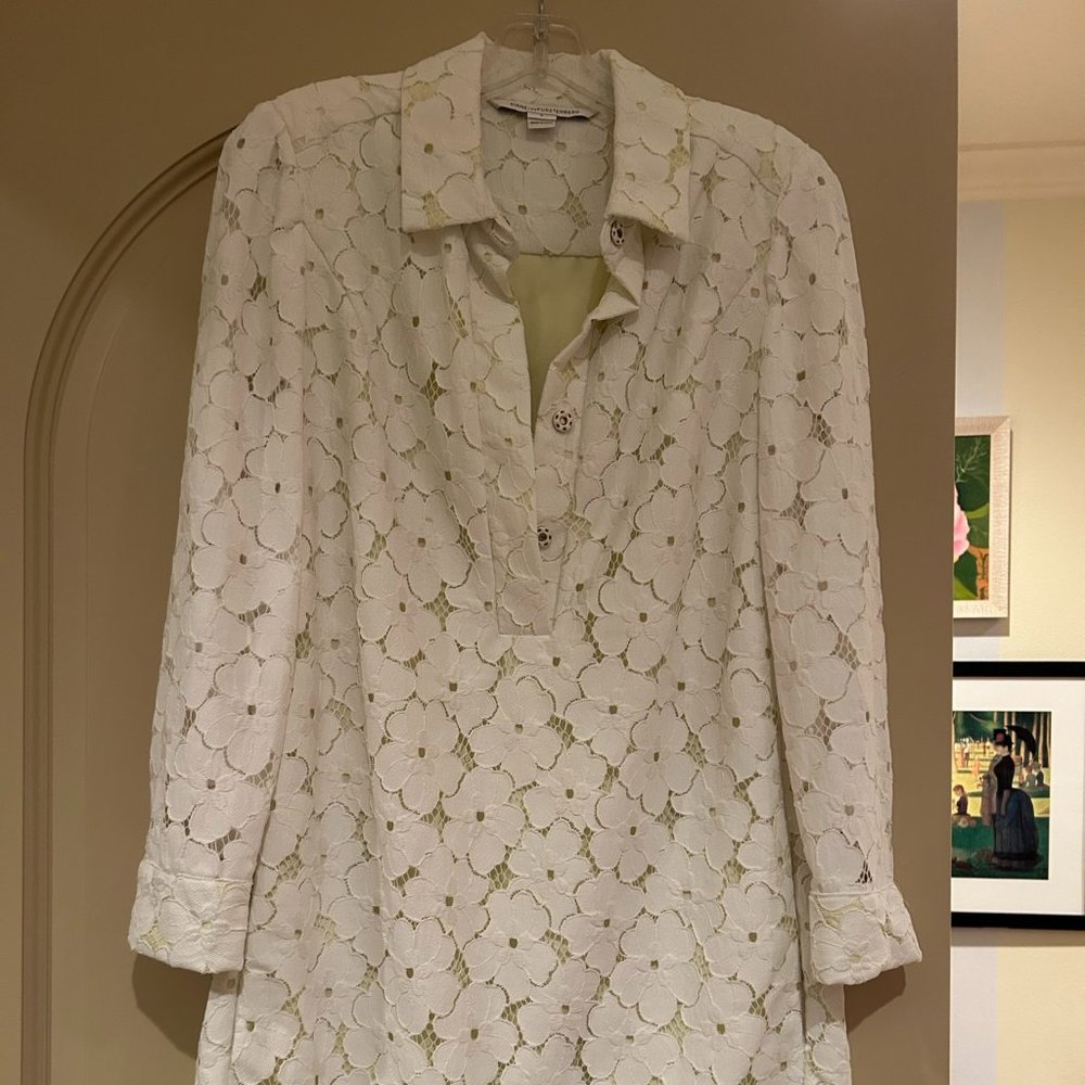 Diane vonFurstenberg White Daisy Long Sleeve Dress with Green Underlay